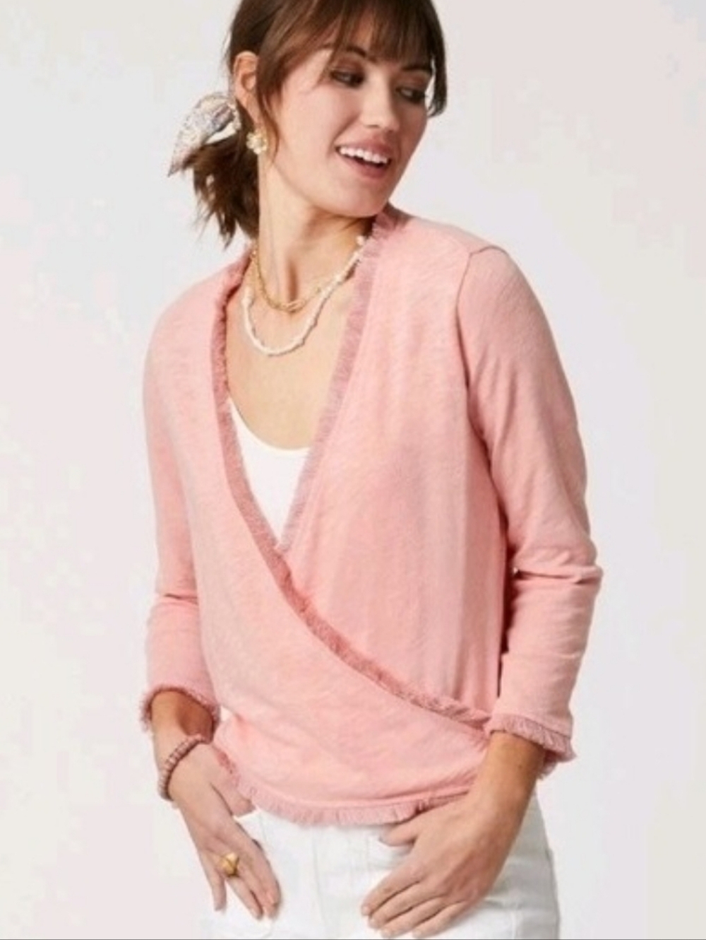 Spartina 449 Soft Pink Fringe Trim Wrap Clara  Cardigan - M